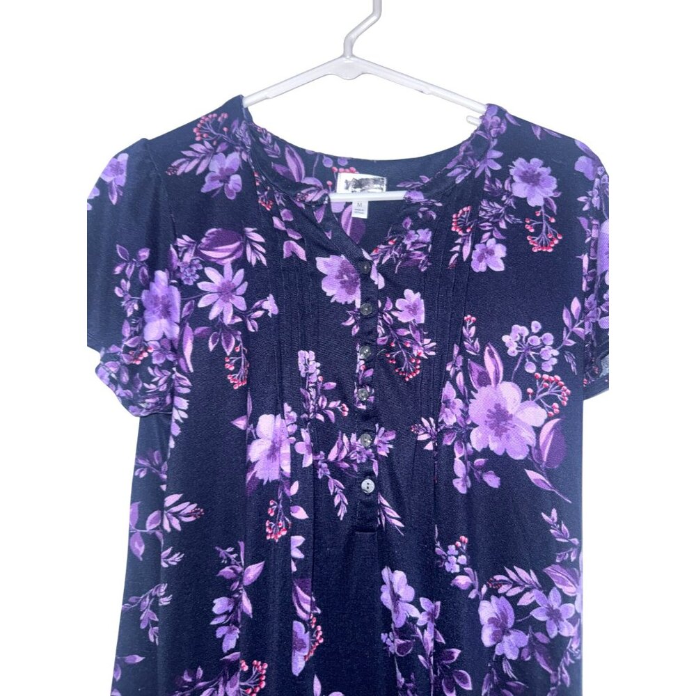 Womens Floral Print Dress Short Sleeve Button Front Relaxed Fit Medium Purple & - Picture 2 of 6